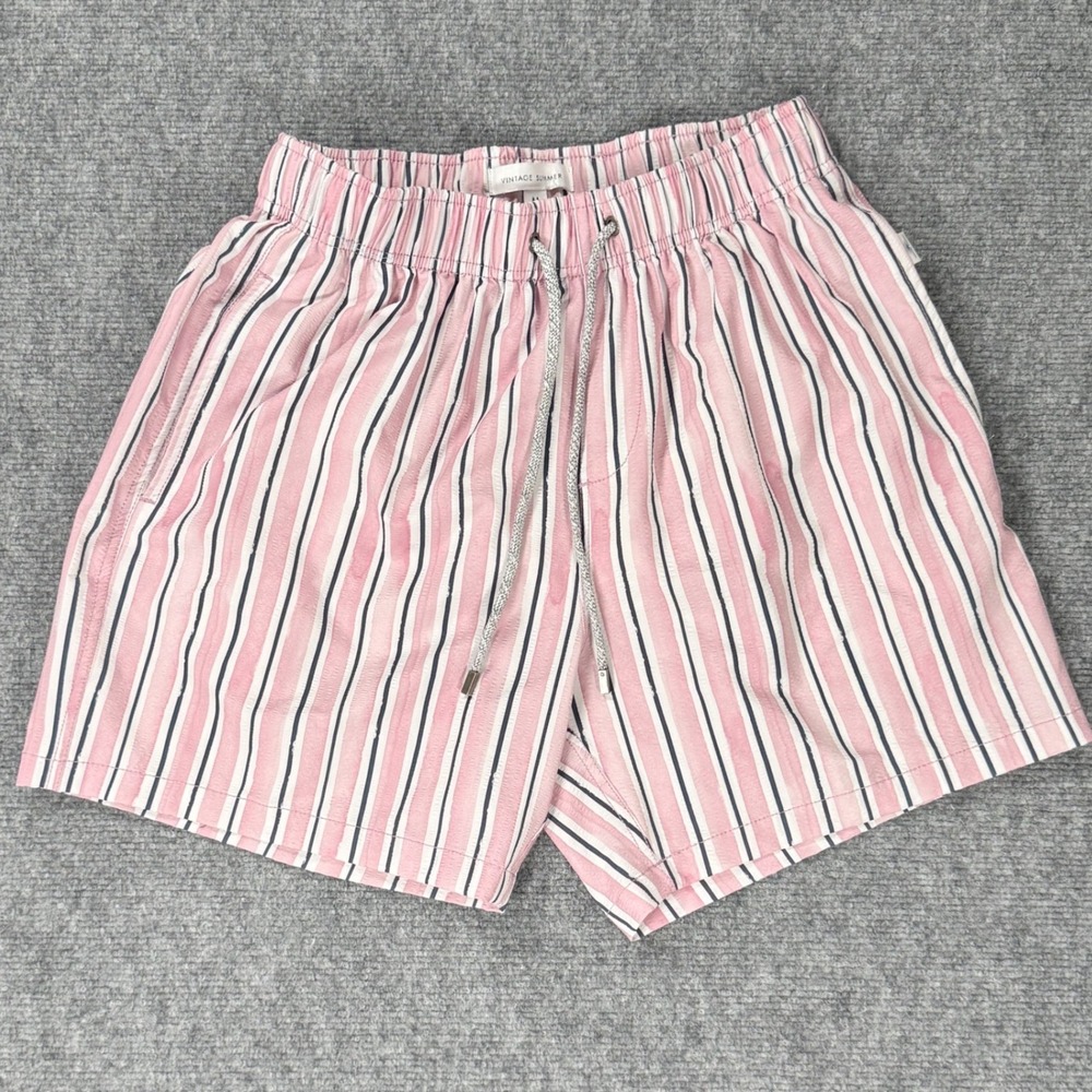 Vintage Summer Men's Medium Pink White Navy Striped 5.5" Swim Trunks